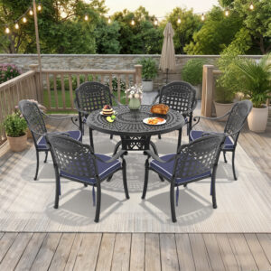 7-Piece Set Of Cast Aluminum Patio Furniture With Black Frame and Blue Seat Cushions(same as:W1710S00487 ,W1710S00094,W1710S00032)
