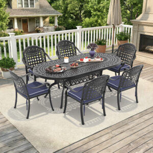 7-Piece Set Of Cast Aluminum Patio Furniture With Blue Cushions (same as:W1710S00497 ,W1710S00650 ,W1710S00105)