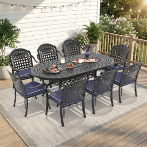 9-Piece Set Of Cast Aluminum Patio Furniture With Blue Cushions(same sku:W1710S00198 , W1710S00601,W1710S00106,W1710S00034)