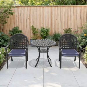 3-Piece Set Of Cast Aluminum Patio Furniture With Blue Cushions