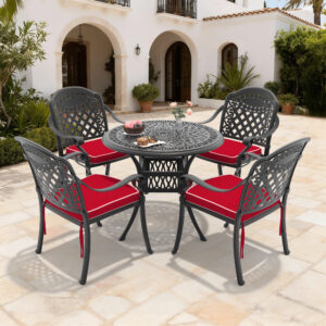5-Piece Set Of Cast Aluminum Patio Furniture With Black Frame and Red Seat Cushions(same sku:W1710S00052,W1710S00018)