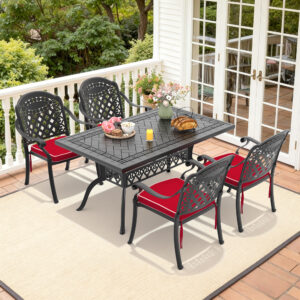 5-Piece Set Of Cast Aluminum Patio Furniture With Black Frame and Red Seat Cushions(same sku:W1710S00081,W1710S00040)