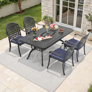 5-Piece Set Of Cast Aluminum Patio Furniture With Black Frame and Blue Cushions(same sku:W1710S00099,W1710S00029)