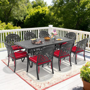 9-Piece Set Of Cast Aluminum Patio Furniture With Black Frame and Red Seat Cushions(same sku:W1710S00172)