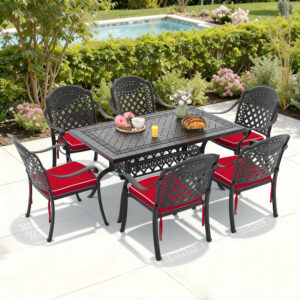 7-Piece Set Of Cast Aluminum Patio Furniture With Black Frame and Red Seat Cushions(same as:W1710S00491 ,W1710S00082,W1710S00007)
