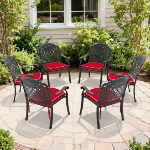Cast Aluminum Patio Dining Chair 6PCS With Black Frame and Red Cushions (same as: W1710S00480,W1710P166055,W171091758)