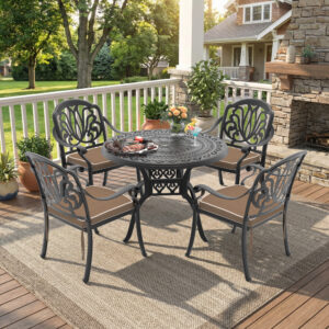 5-Piece Set Of Cast Aluminum Patio Furniture With Black Frame and Brown Seat Cushions(same sku: W1710S00062,W1710S00012)