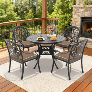 5-Piece Set Of Cast Aluminum Patio Furniture With Black Frame and Brown Seat Cushions(same sku: W1710S00068,W1710S00013)