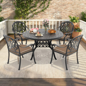 5-Piece Set Of Cast Aluminum Patio Furniture With Black Frame and Brown Seat Cushions(same sku: W1710S00139)