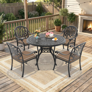 5-Piece Set Of Cast Aluminum Patio Furniture With Brown Cushions(same sku:W1710S00091,W1710S00026)