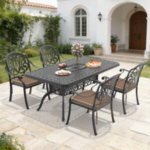 5-Piece Set Of Cast Aluminum Patio Furniture With Black Frame and Brown Seat Cushions(same sku:W1710S00097,W1710S00024)