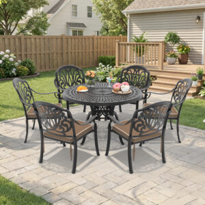7-Piece Set Of Cast Aluminum Patio Furniture With Brown Cushions (same as:W1710S00565 ,W1710S00092)