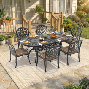 7-Piece Set Of Cast Aluminum Patio Furniture With Brown Cushions (same as:W1710S00648 , W1710S00496 ,W1710S00103)