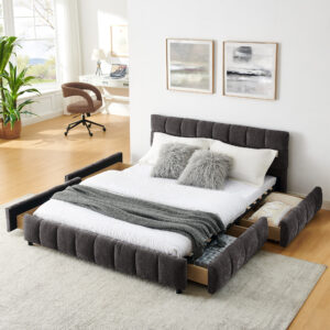 Queen Size Upholstered Bed ,comfortable upholstered bed frame, Chenille fabric, with headboard and solid bed frame. With drawer for storage.-Dark Gray(88.5''*68.5''*31'')