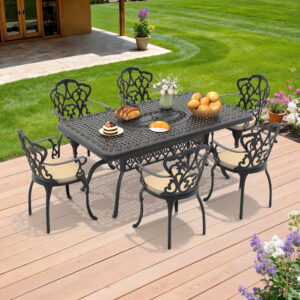7-Piece Set Of Cast Aluminum Patio Furniture With Black Frame and Off-white Seat Cushions(same sku:W1710S00102)