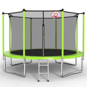 12FT Trampoline Green for Kids & Adults with Basketball Hoop and Ball ,Recreational Trampolines with Safety Enclosure for Back Yard Outdoor