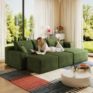 95" Cloud Sectional Sofa with 2 Ottoman,Modern Minimalist Upholstered Couches, Comfort U Shaped Sofa for Living Room,Deep Seat Corner Couch,No Assembly Required,Green(Plush Corduroy Fabric)
