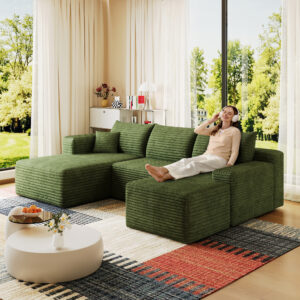 95" Cloud Sectional Sofa with 1 Ottoman,Modern Minimalist Upholstered Couches, Comfort U Shaped Sofa for Living Room,Deep Seat Corner Couch,No Assembly Required,Green((Plush Corduroy Fabric)