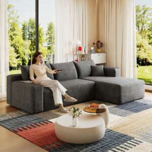 95" Cloud Sectional Sofa,Modern Minimalist Upholstered Couches, Comfort U Shaped Sofa for Living Room,Deep Seat Corner Couch,No Assembly Required,Dark Grey( (Plush Corduroy Fabric)