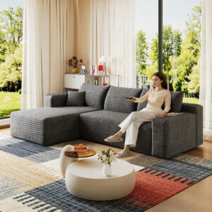 95" Cloud Sectional Sofa,Modern Minimalist Upholstered Couches, Comfort U Shaped Sofa for Living Room,Deep Seat Corner Couch,No Assembly Required,Dark Grey( (Plush Corduroy Fabric)