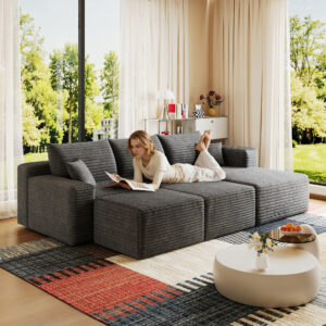 95" Cloud Sectional Sofa with 2 Ottoman,Modern Minimalist Upholstered Couches, Comfort U Shaped Sofa for Living Room,Deep Seat Corner Couch,No Assembly Required,Dark Grey(Plush Corduroy Fabric)