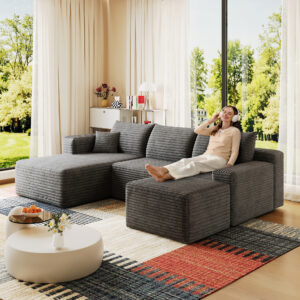 95" Cloud Sectional Sofa with 1 Ottoman,Modern Minimalist Upholstered Couches, Comfort U Shaped Sofa for Living Room,Deep Seat Corner Couch,No Assembly Required,Dark Grey((Plush Corduroy Fabric)