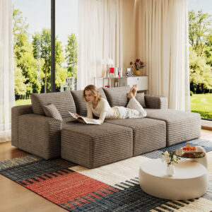 95" Cloud Sectional Sofa with 2 Ottoman,Modern Minimalist Upholstered Couches, Comfort U Shaped Sofa for Living Room,Deep Seat Corner Couch,No Assembly Required,Camel(Plush Corduroy Fabric)