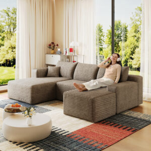 95" Cloud Sectional Sofa with 1 Ottoman,Modern Minimalist Upholstered Couches, Comfort U Shaped Sofa for Living Room,Deep Seat Corner Couch,No Assembly Required,Camel((Plush Corduroy Fabric)