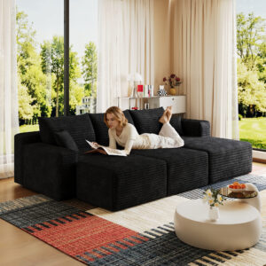 95" Cloud Sectional Sofa with 2 Ottoman,Modern Minimalist Upholstered Couches, Comfort U Shaped Sofa for Living Room,Deep Seat Corner Couch,No Assembly Required,Black (Plush Corduroy Fabric)