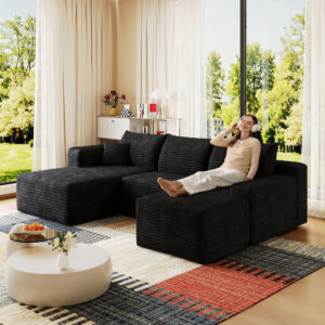 95" Cloud Sectional Sofa with 1 Ottoman,Modern Minimalist Upholstered Couches, Comfort U Shaped Sofa for Living Room,Deep Seat Corner Couch,No Assembly Required,Black (Plush Corduroy Fabric)