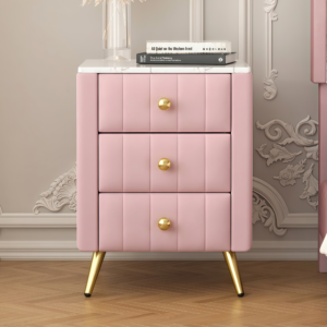 Upholstered Wooden Nightstand with 3 Drawers and Metal Legs&Handles, Bedside Table with Marbling Stickers Worktop - Pink