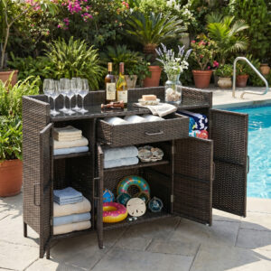 K&K 53.2"W Outdoor Weather-proof Rattan Storage Cabinet with Tempered Glass Desktop, Outdoor Wicker Bar Table with One Large Drawer & Adjustable Shelves for Patio, Backyard, Garden, Pool, Brown Black