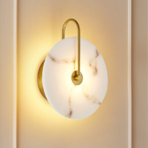 Round Alabaster Wall Sconce, Natural Marble Lampshade Wall Sconce, Hardwired Circular Sconce LED Modern Wall Lamp for Bedroom, Stairs, Living Room, Bedside, Hallway 9.8 Inch Gold