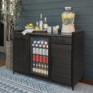 K&K 53.5"W Outdoor Wicker Storage Cabinet with Fridge Space, Weatherproof Outdoor Mini Fridge Bar Cabinet with Adjustable Shelves & Drawers for Outdoor Pool Towel Storage, Garden, Kitchen, Brown Black