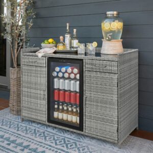 K&K 53.5"W Outdoor Wicker Storage Cabinet with Fridge Space, Weatherproof Outdoor Mini Fridge Bar Cabinet with Adjustable Shelves & Drawers for Outdoor Pool Towel Storage, Garden, Kitchen, Grey