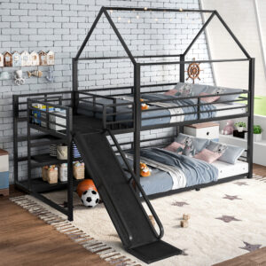 Full Metal House Bunk Bed with Storage Stairs, Slide, Safety Rails, Black