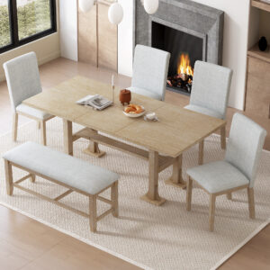 TOPMAX Farmhouse 76inch 6-Piece Extendable Dining Table Set Trestle Kitchen Table Set with 18inch Removable Leaf and Upholstered Dining Chair and Bench for Dining Room, Natural+Light Gray