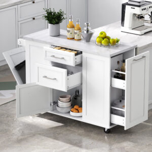 K&K 50.7" Kitchen Island with Storage Tilt Trash Can Cabinet and Pull Out Cabinet Organizer, Rolling Kitchen Island on 5 Wheels with Drop Leaf, 2 Drawers, 1Door for Kitchen, Dining Room, White