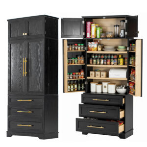 K&K 78.2" Tall Farmhouse Kitchen Pantry Cabinet with 8 Door Shelves, Storage Cabinet with 3 Adjustable Shelves, 3 Large Drawers, Versatile Cupboard for Kitchen, Dining & Bathroom, Ash Black