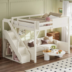Full Size Loft Bed with Built-in Wardrobe and Storage Space, Solid Wood Loft Bed with Beside Shelves, Full-length Guardrails and Stairs, No Box Spring Needed,Beige
