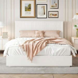 Stylish King Size Bed Frame - White Solid Wood King Bed, 600lbs Weight Limit, Compatible with 8 - 10" Mattress, Contemporary Bedroom Furniture