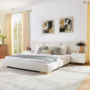 Queen Size Extra Large Platform Bed, Soft Chenille Fabric Frame, Curved Headboard, Reinforced Electroplated Metal Legs, Flexible DIY Side Space Design-Beige