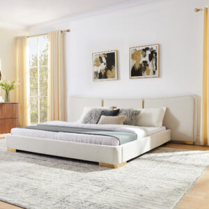 King Size Extra Large Platform Bed, Soft Chenille Fabric Frame, Curved Headboard, Reinforced Electroplated Metal Legs, Flexible DIY Side Space Design-Beige