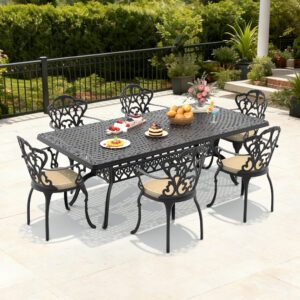 7-Piece Set Of Cast Aluminum Patio Furniture With Black Frame and Off-white Seat Cushions(same sku:W1710S00173 , W1710S00409)