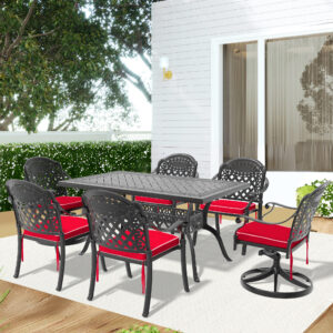 7-Piece All-Weather Cast Aluminum Dining Set, Include 2 Swivel Chairs,4 Dining Chairs and Rectangular Table With Black Frame