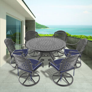 7-Piece All-Weather Cast Aluminum Dining Set, Include 6 Swivel Chairs and 47.24" Round Table With Black Frame (same sku:W1710S00446)