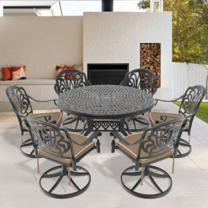 7-Piece All-Weather Cast Aluminum Dining Set, Include 6 Swivel Chairs and 48.03" Round Table With Black Frame (same sku: W1710S00441 )