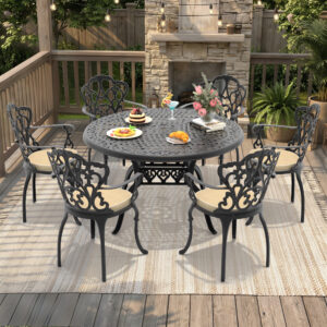 7-Piece Set Of Cast Aluminum Patio Furniture With Black Frame and Off-white Seat Cushions(same sku: W1710S00397 ,W1710S00144)