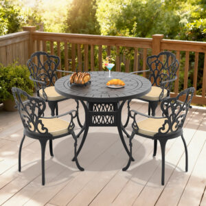 5-Piece Set Of Cast Aluminum Patio Furniture With Black Frame and Off-white Seat Cushions(same sku: W1710S00072)