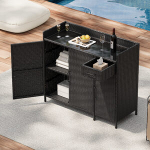 K&K 47.5"W Wicker Outdoor Storage Cabinet with Tempered Glass Desktop, Weather-proof Rattan Bar Table with Three Doors, Adjustable Shelf, and One Drawer, for Outdoor Cushions, Pool Toys , Black Brown